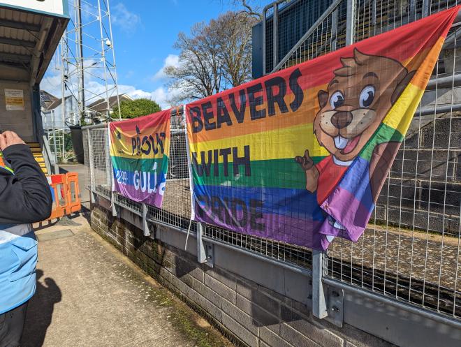 Beavers and Gulls Pride flags proudly displayed together